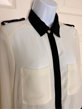 Two-Tone Button-Up Blouse - Black & Cream